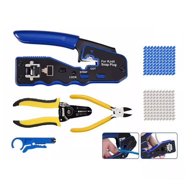 RJ45 Pass through Crimper Tool Kit with 100 Connectors