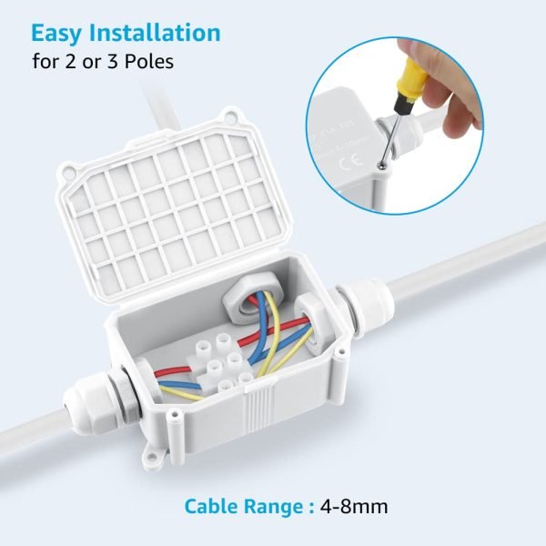 3 Way Waterproof IP66 Outdoor White Junction Box for 4-8mm Cables - Image 3